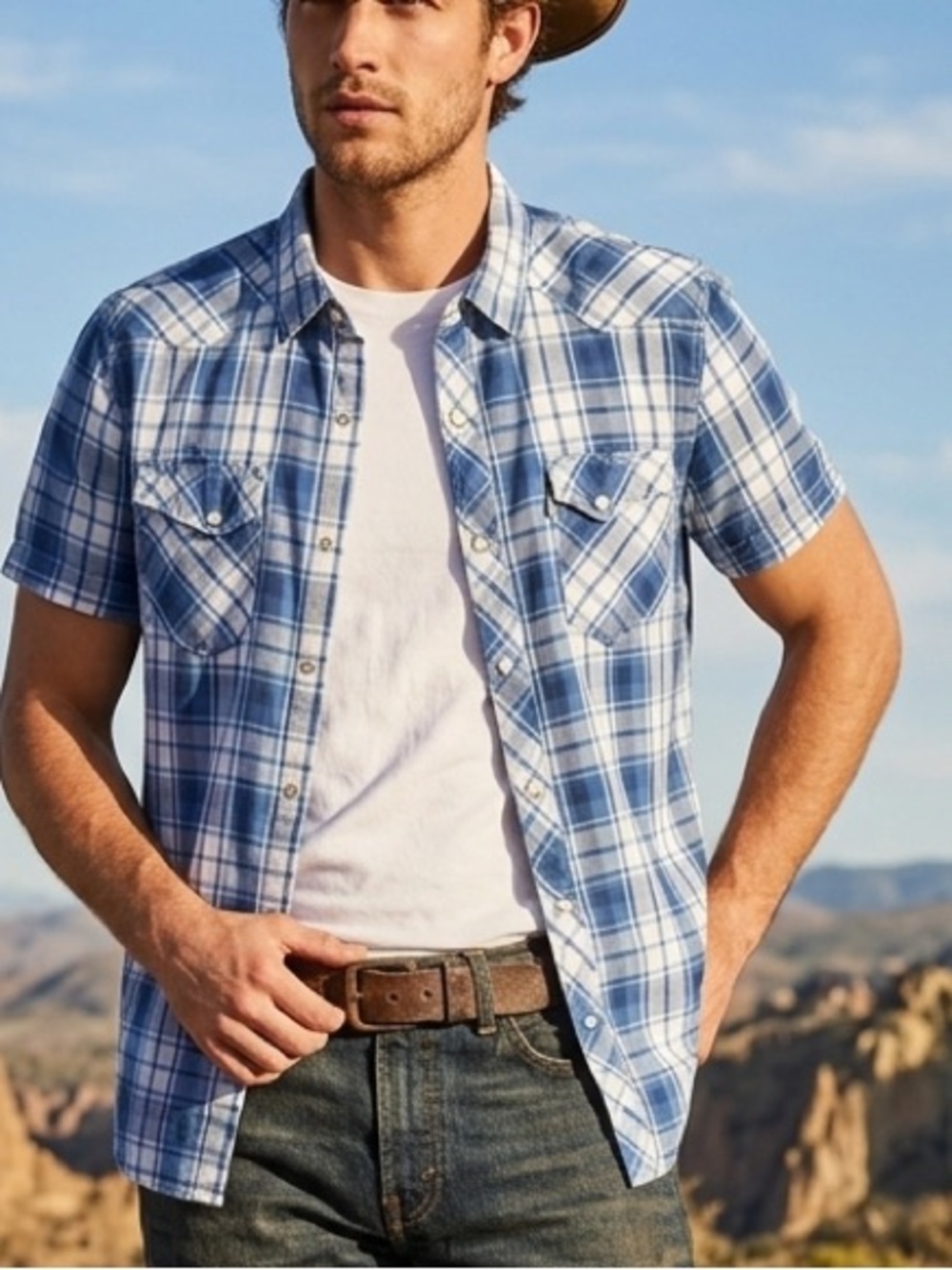 Vintage Levi's Men’s Western Blue Plaid Short-Sleeve Shirt sz LG